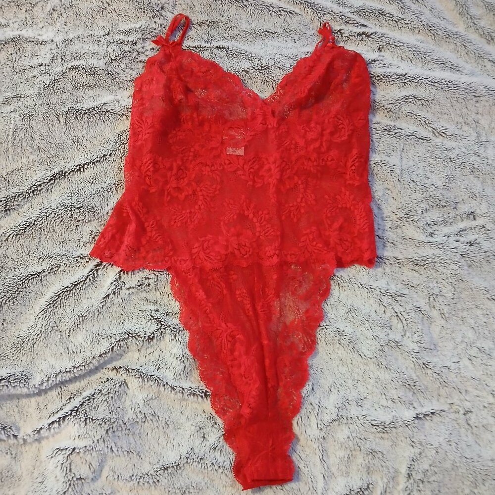 Cacique Lingerie Vintage Women's Red Floral Lace Teddy SZ L